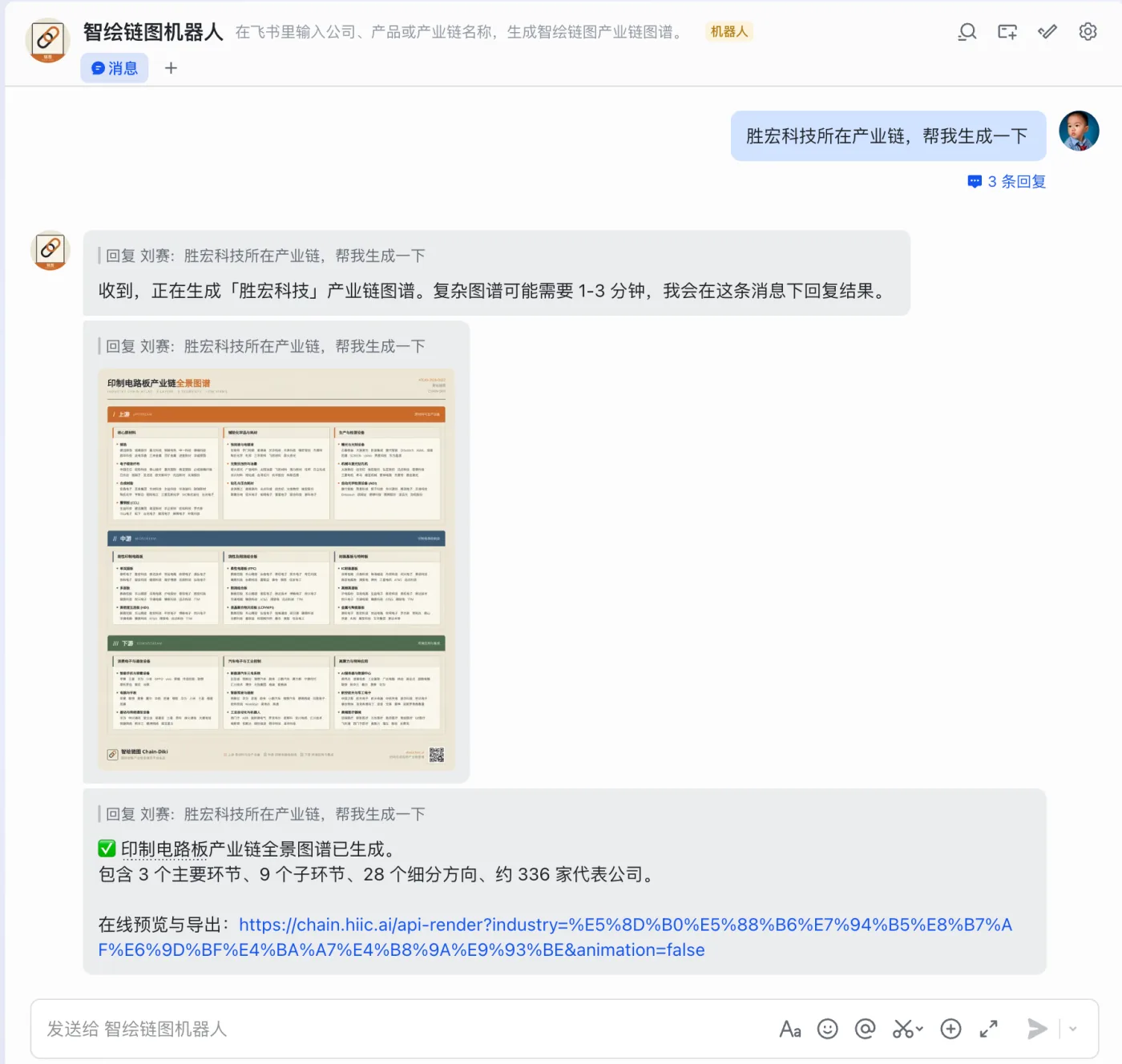 飞书 Agent 调用智绘链图生成产业链图谱的真实截图